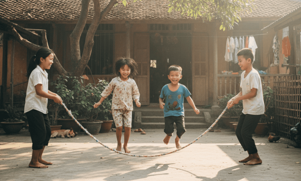 In many Vietnamese villages, jump rope is a common sight during Tet festivals, school recess, or community gatherings, especially among kids